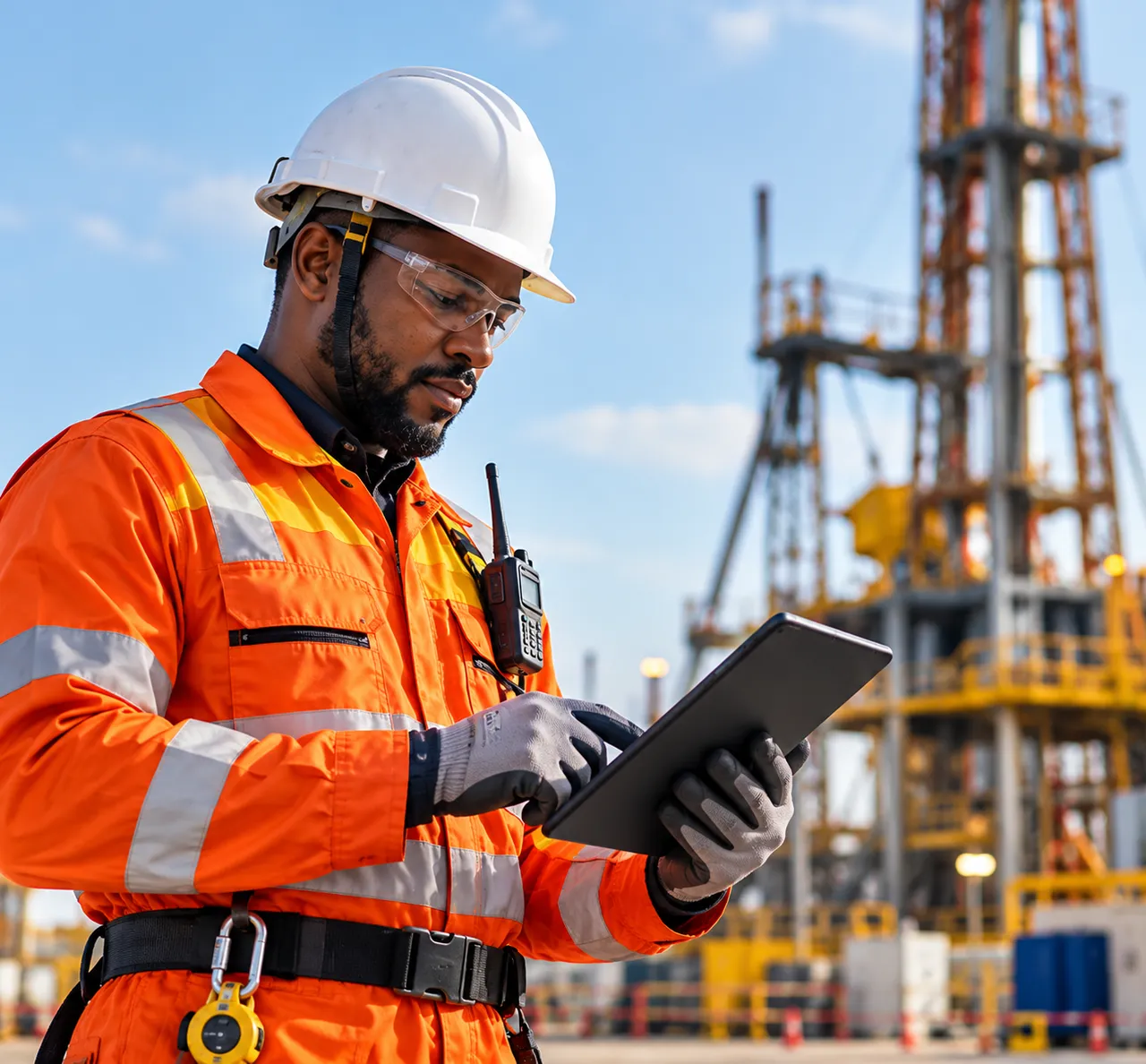 Field engineer using Plevar business management software on a tablet at an oilfield drilling site